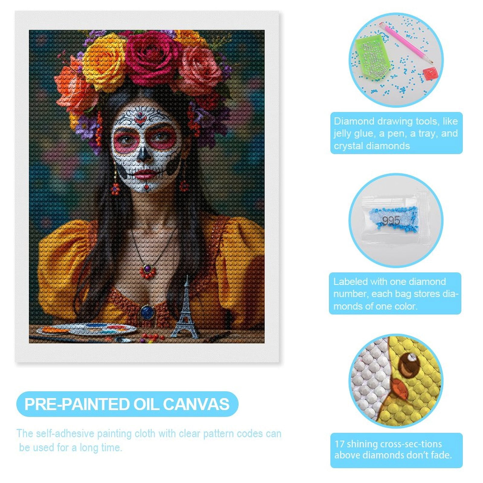 Diamond Art Kits for Adults, Colorful Festival Face Art Flowers 5D Diamond Painting Kits for Adults Beginners, DIY Full Drill Diamond Painting, Gem Art and Crafts 12x16