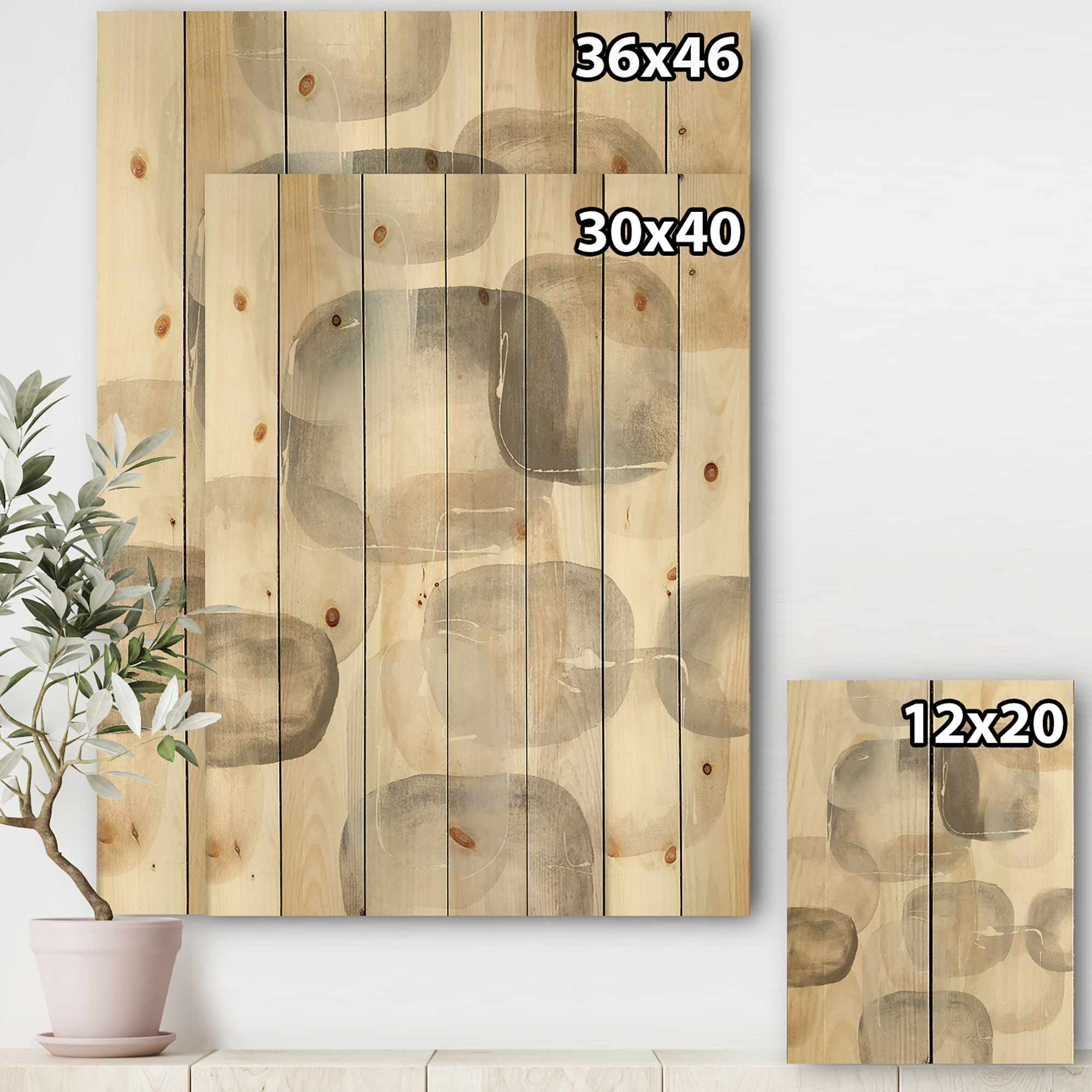 Designart 'Abstract Neutral Oval Grey Stones II' Modern Glam Print on Natural Pine Wood