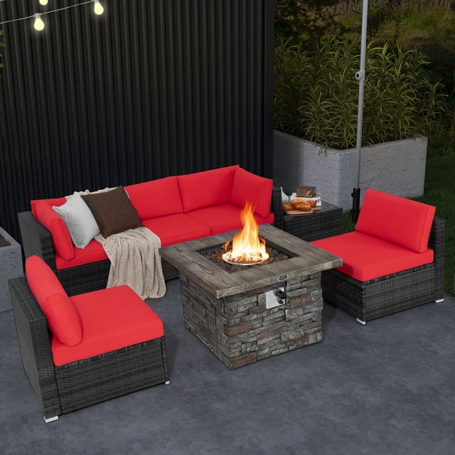 Costway 7 PCS Patio Furniture Set with 50,000 BTU Fire Pit Table Wicker Sofa Set with Cushions Red