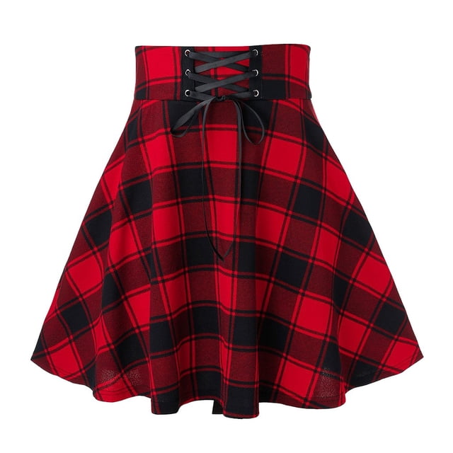 Mrat Jupes Courtes Plissées pour Femmes Mini Jupe à Carreaux Taille Haute à Cordon Robe Trapèze S-16 Rouge-A TG