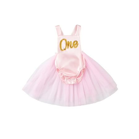 

Amuver Baby Girl Dress Romper Newborn Lettering Pattern Printed Mesh Skirt Sleeveless Button