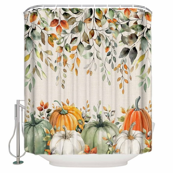 Fabric Shower Curtain Fall Thanksgiving Green Leaves Pumpkin Linen Texture Shower Curtains with 12 Hooks Waterproof Machine Washable Bath Curtains for Bathroom, 36 x 72in