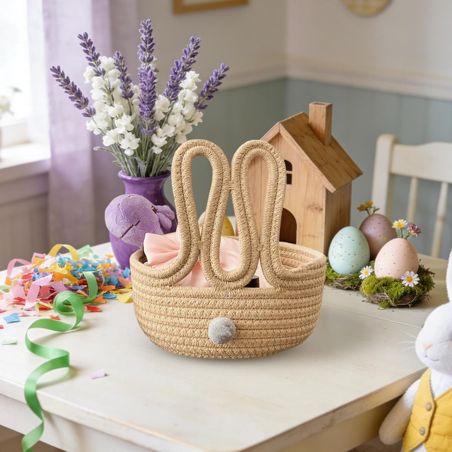 Woven Cotton Rope Easter Basket with Bunny Ears, Kids Storage Basket for Egg Hunt, Rabbit Snack Holder for Home Organizing, Cute Gift Basket(DSF)