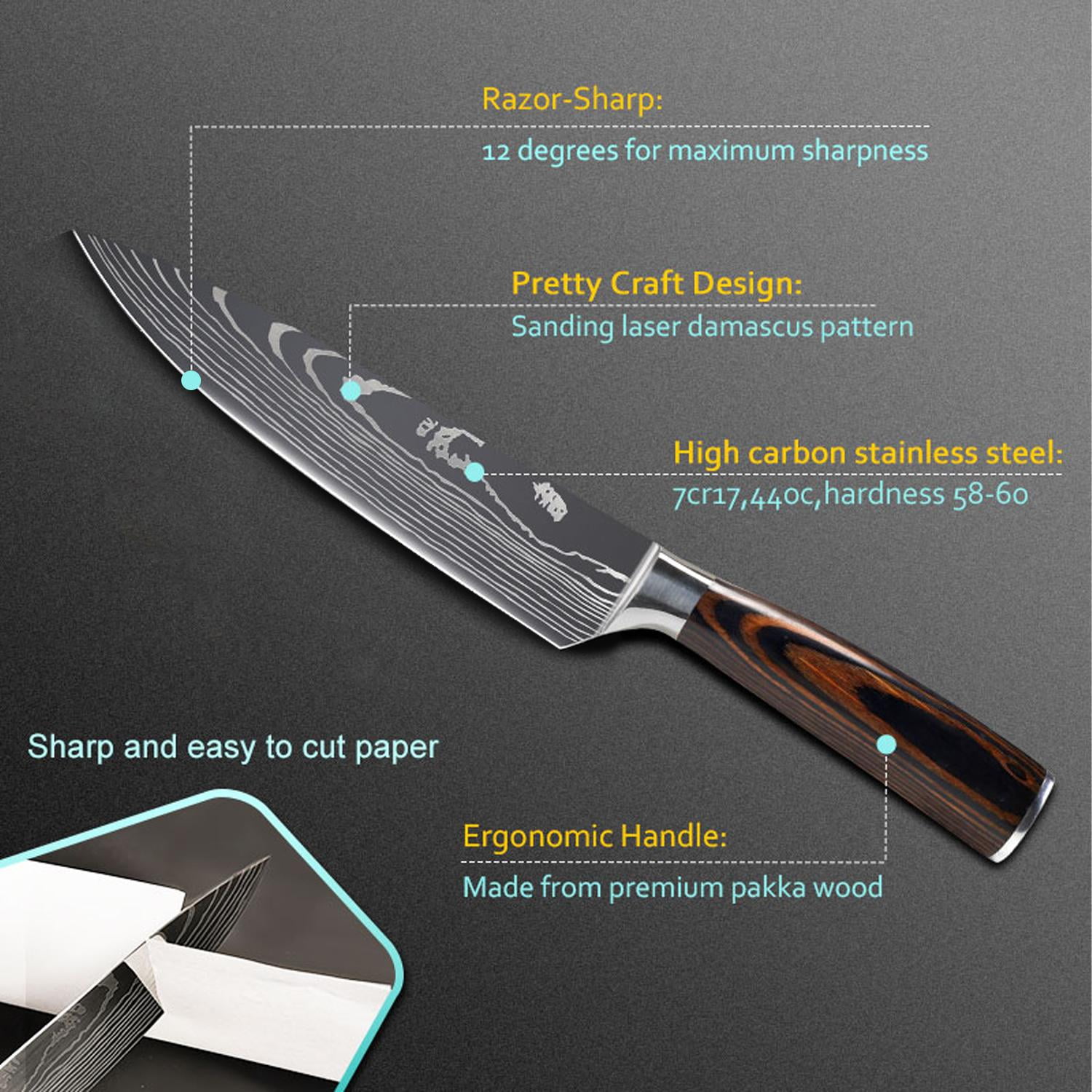 High quality 440C German Steel Kitchen Knife Damascus Laser