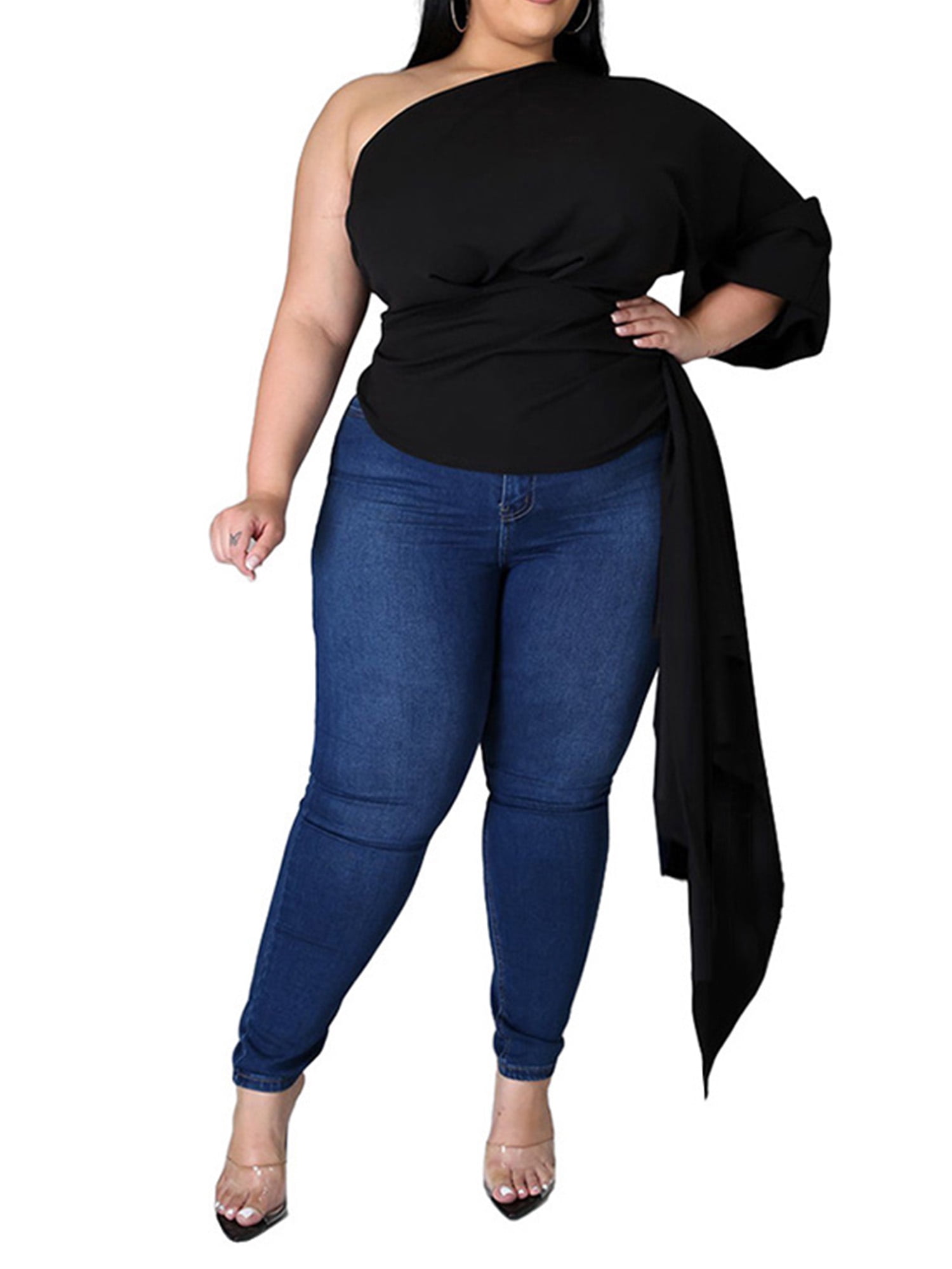 Colisha Women Sexy One Shoulder Long Puff Sleeve Plus Size Tops Bodycon High Low Irregular Blouse Top Shirt - Walmart.com