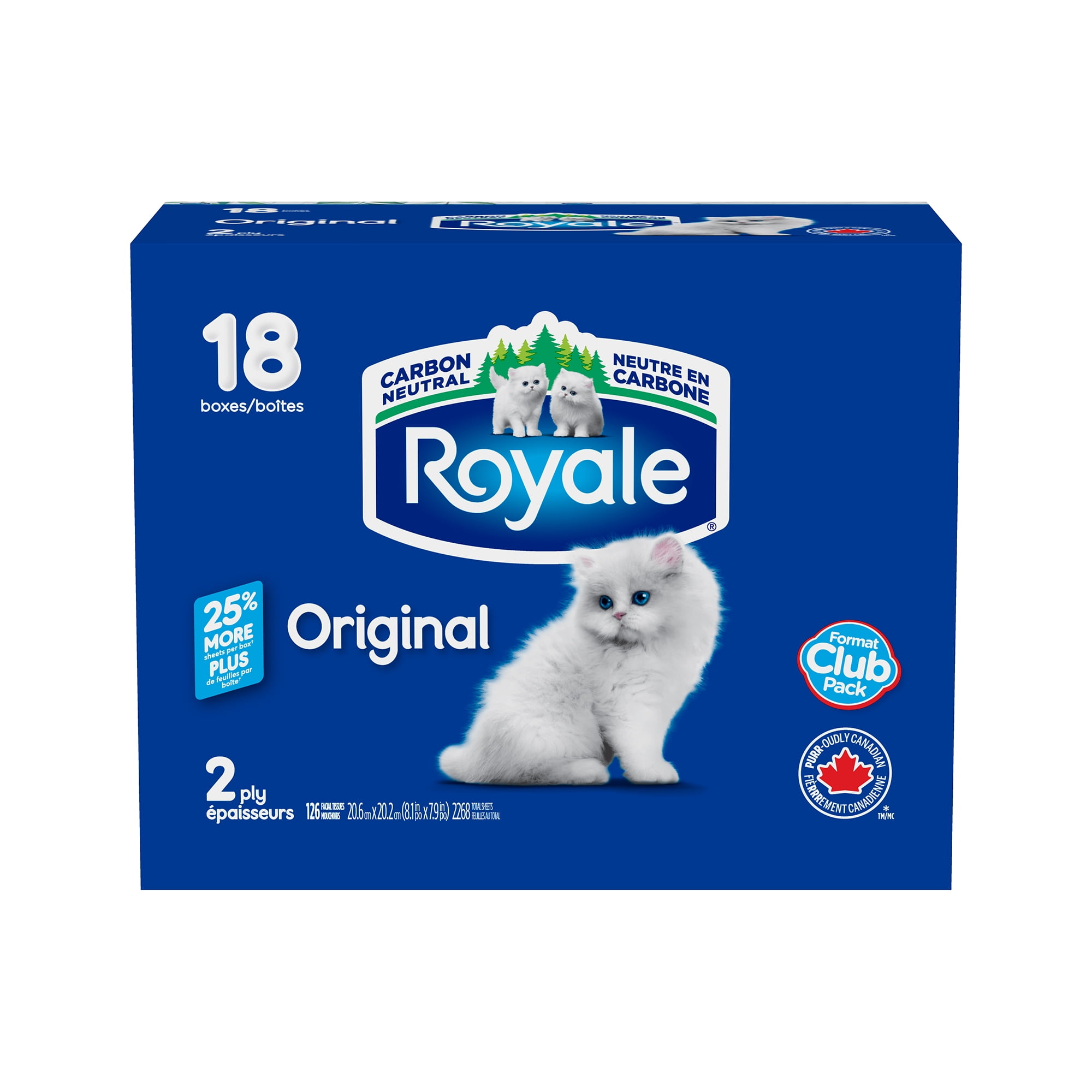Royale Original, 2 Ply Facial Tissue, 18 Flat Boxes, 126 Tissues per Box, 2268 tissues per pack