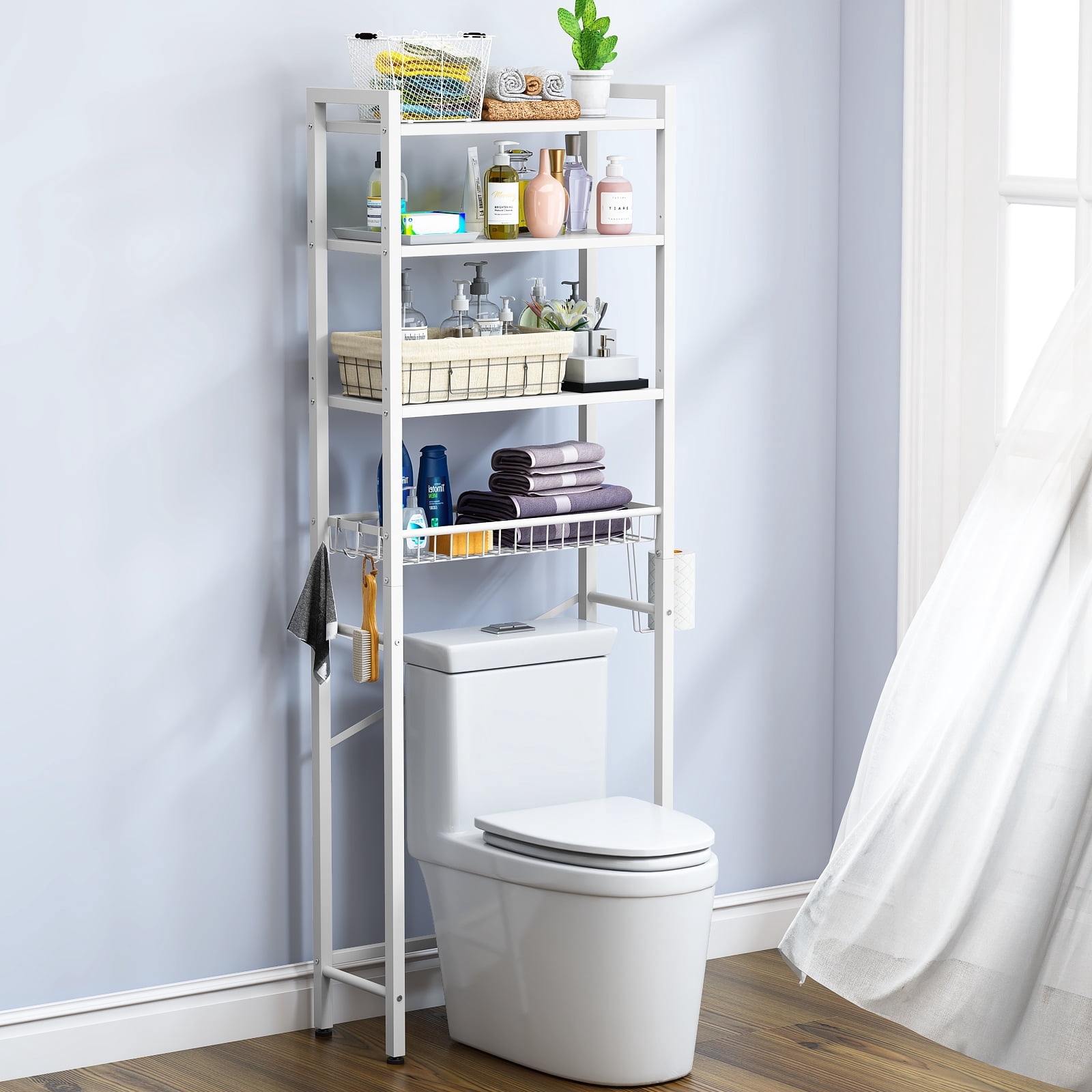 Biemlerfn Over The Toilet Storage Shelf, 4-Tier Wooden Bathroom Organizer Adjustable Saver Space Rack with Toilet Paper Holder, Pure White