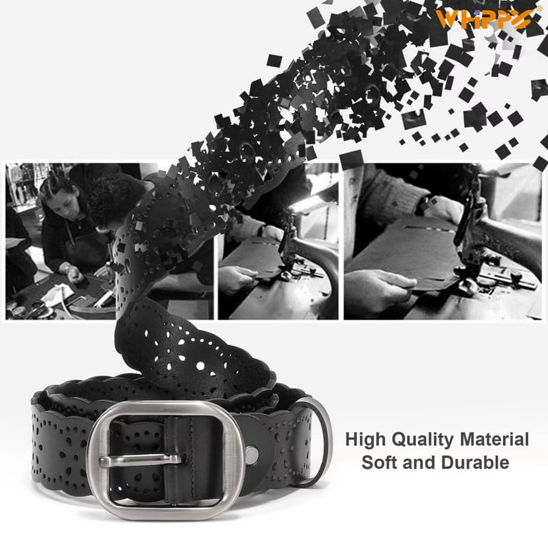 Whippy Women Leather Belt with Hollow Flower Design, Black photo 7