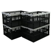 Sandmovie 38 Liter Black Folding Crates Storage, Plastic Stackable Collapsible Crate, 4 Pack