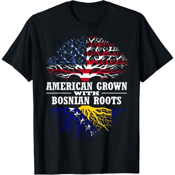 American Grown with Bosnian Roots USA Bosnia and Herzegovina T-ShirtMen's and women's gift, black and white T-shirt, size: Extra large S-4XL