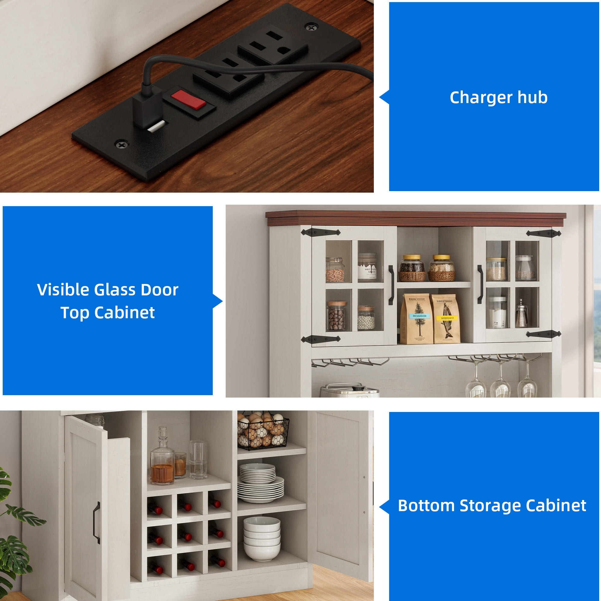 Uforic Bar Cabinet with Wine Rack & LED Lights, Wine Buffet Cabinet with Drawers & Power Outlets, White