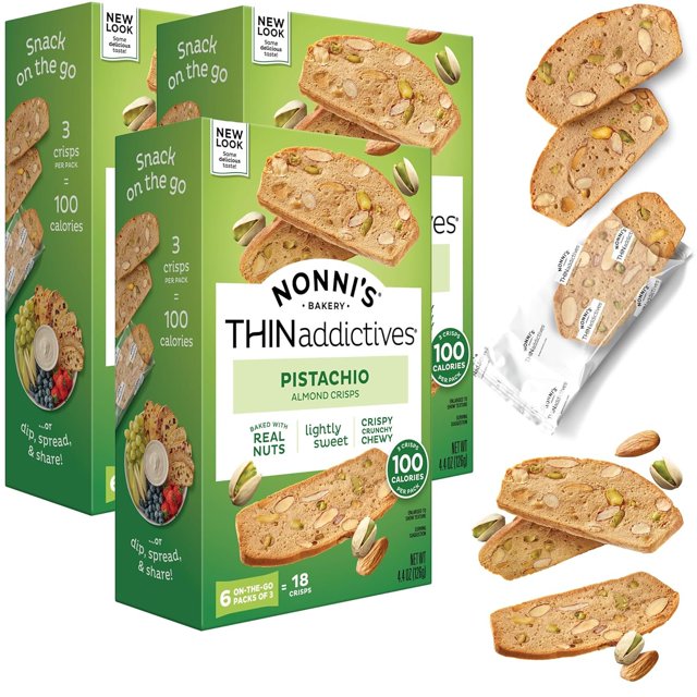 LZHF THINaddictives Almond Thin Cookies - 3 Boxes Pistachio Almond Cookie Thins - Sweet Crunchy & Chewy Almond Cookies - Biscotti Individually Wrapped Cookies - Kosher Coffee Cookies - 4.4 o