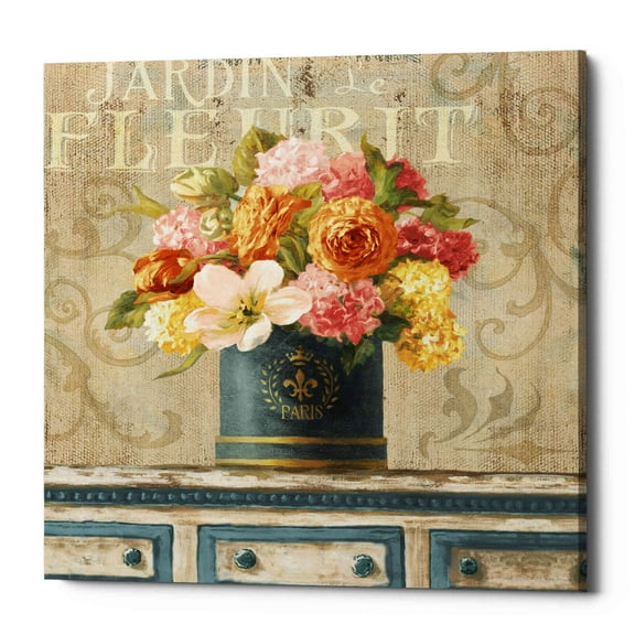 Epic Graffiti  "Tulips in Teal and Gold Hatbox" by Danhui Nai, Giclee Canvas Wall Art - 37" x 37"