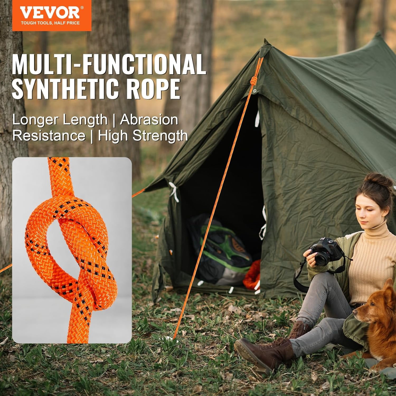 Double Braided Polyester Rope, 1/2 in x 120 ft, 48 Strands, 8000 LBS Breaking Strength Outdoor Climbing Rope, Arborist Rigging Rope for Rock Hiking Camping Swing Rappelling Rescue, Orange/Black