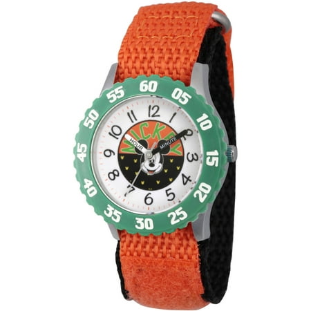 Disney Mickey Mouse Boys' Stainless Steel Time Teacher Watch, Green Bezel, Orange Hook-and-Loop Nylon Strap with Black Back