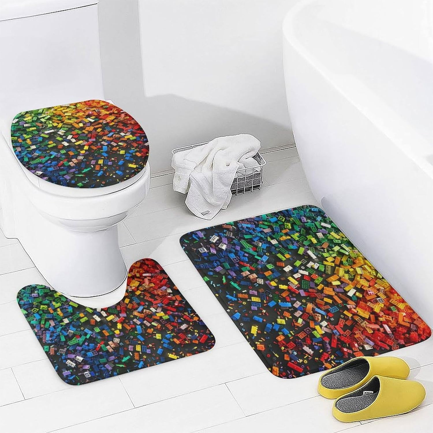 4Pcs Colorful Building Block Brick Shower Curtain Sets with Rugs, Toilet Lid Cover and Bath Mat, Geometric Bathroom Shower Curtains Set with 12 Hooks