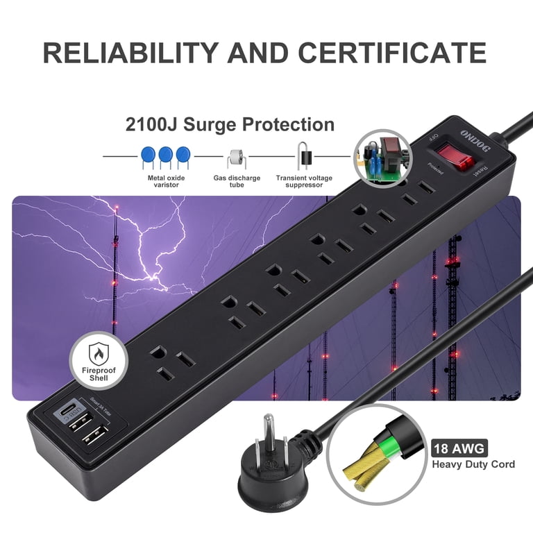 ONDOG 6-Outlet Surge Protector Power Strip with USB Ports photo 4