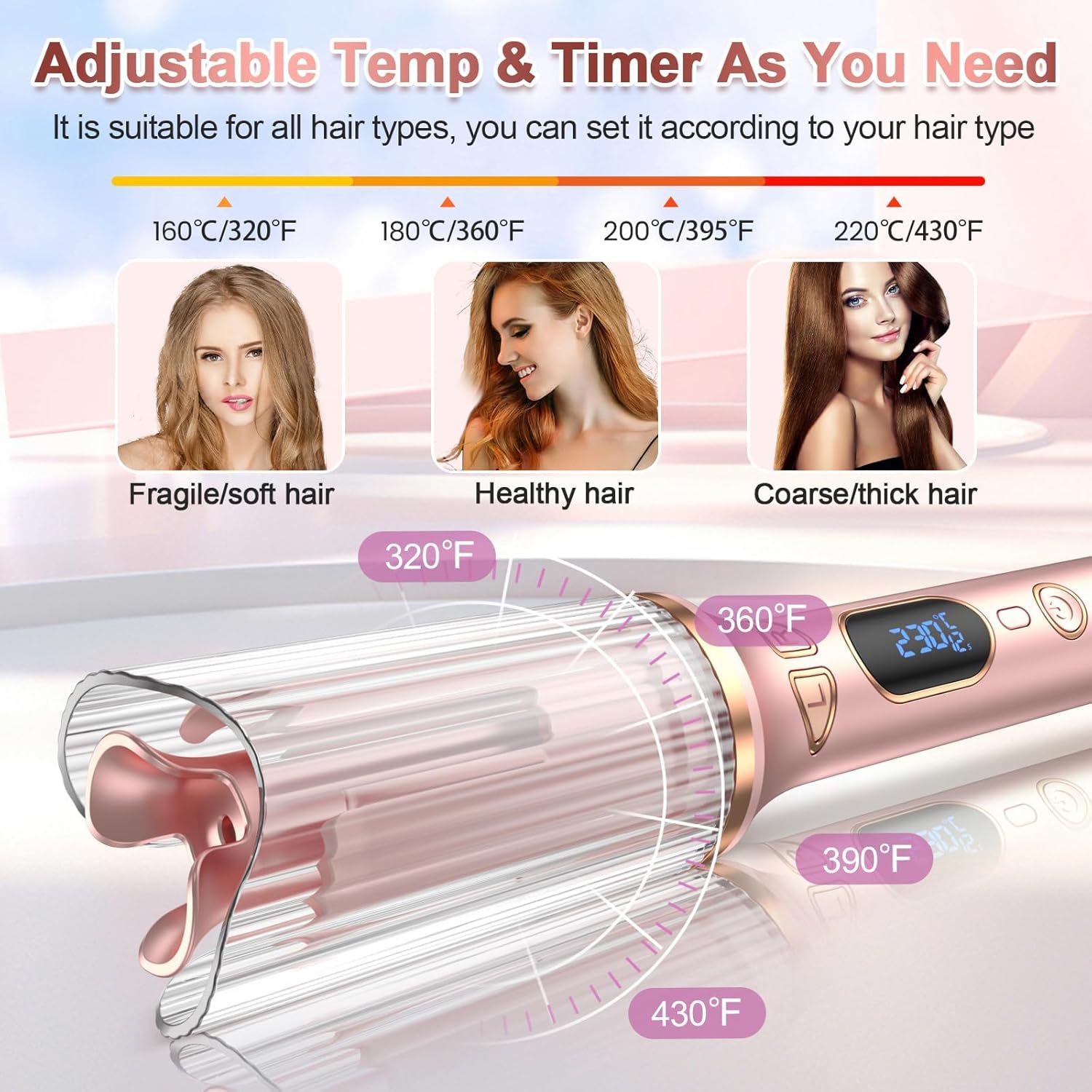 Automatic Hair Curler with 4 Temperature Settings, Auto-Rotating Ceramic Curling Iron with LCD Display, Anti-Tangle & Anti-Scald Design
