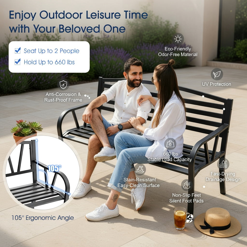 Hommoo Outdoor Patio Bench with Heavy-Duty Metal Frame, Slatted Garden Bench for Backyard, Porch & Deck, Ergonomic 105° Backrest, Black