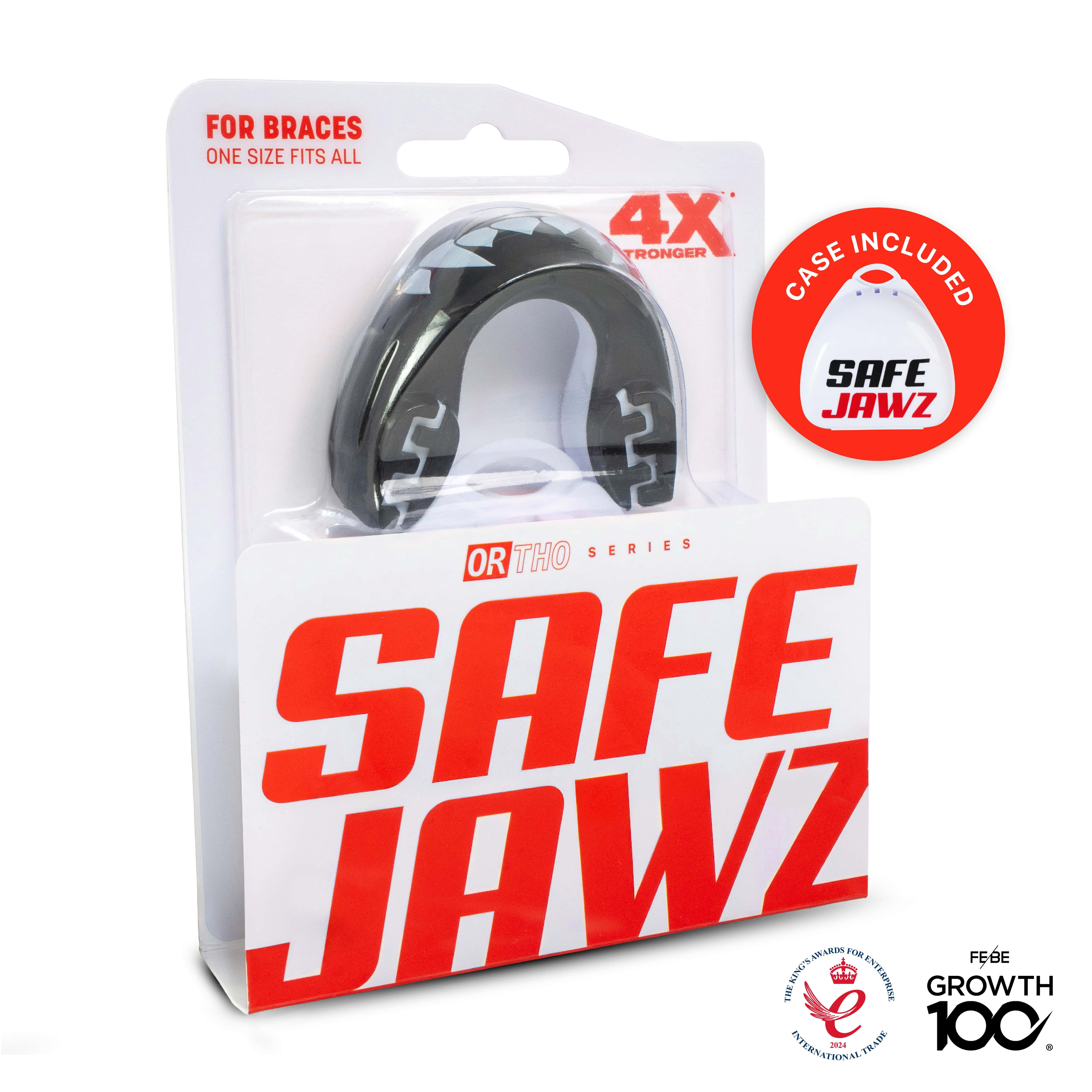 SAFEJAWZ Sports Mouth Guard for Braces with Case, One Size Re-Mouldable Mouthguard (Fangz)
