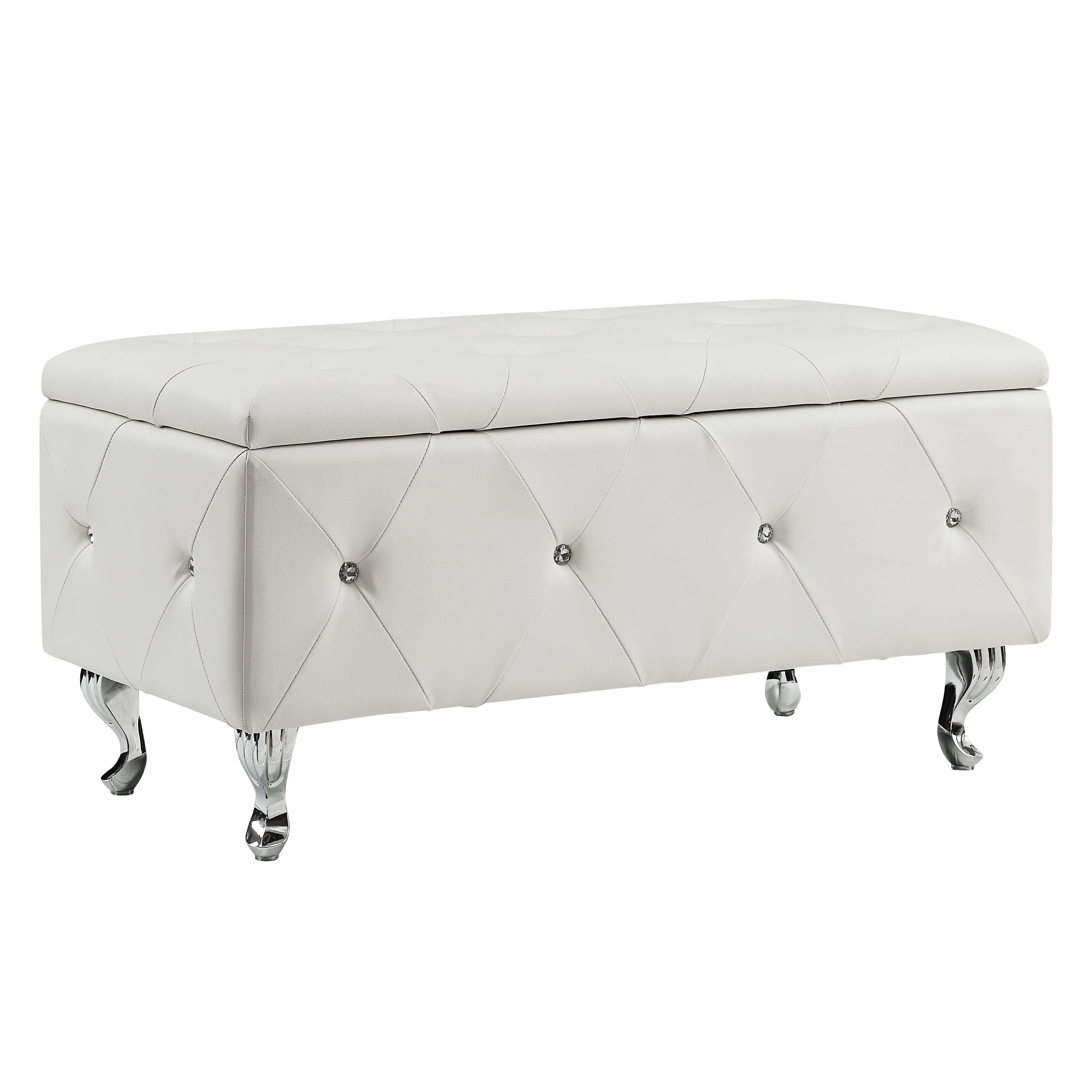Tufted Bonded Leather Storage Bench, Upholstered Ottoman with Crystal Decor, Hardwood Frame Hidden Storage Bench for Bedroom, Entryway and Living Room