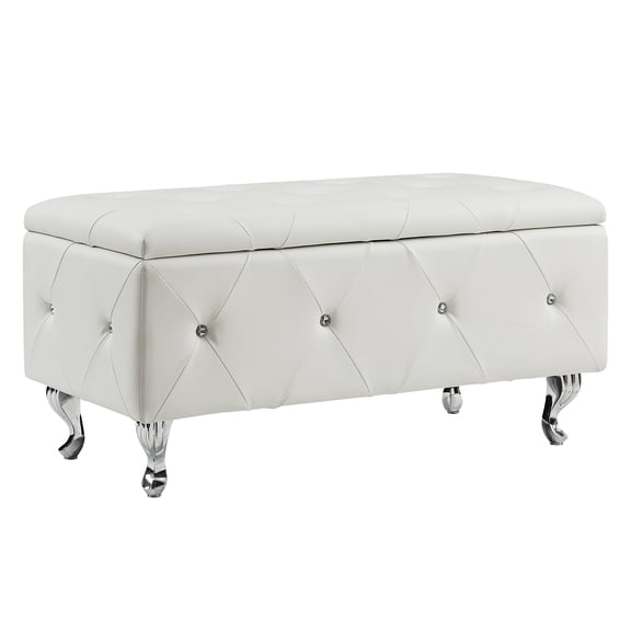 Tufted Bonded Leather Storage Bench, Upholstered Ottoman with Crystal Decor, Hardwood Frame Hidden Storage Bench for Bedroom, Entryway and Living Room
