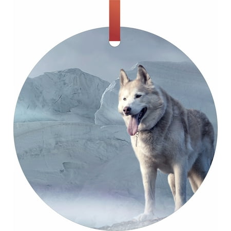 - Husky Dog on a Snowy Mountain Flat Round - Shaped Christmas Holiday Hanging Tree Ornament Disc Made in the U.S.A.