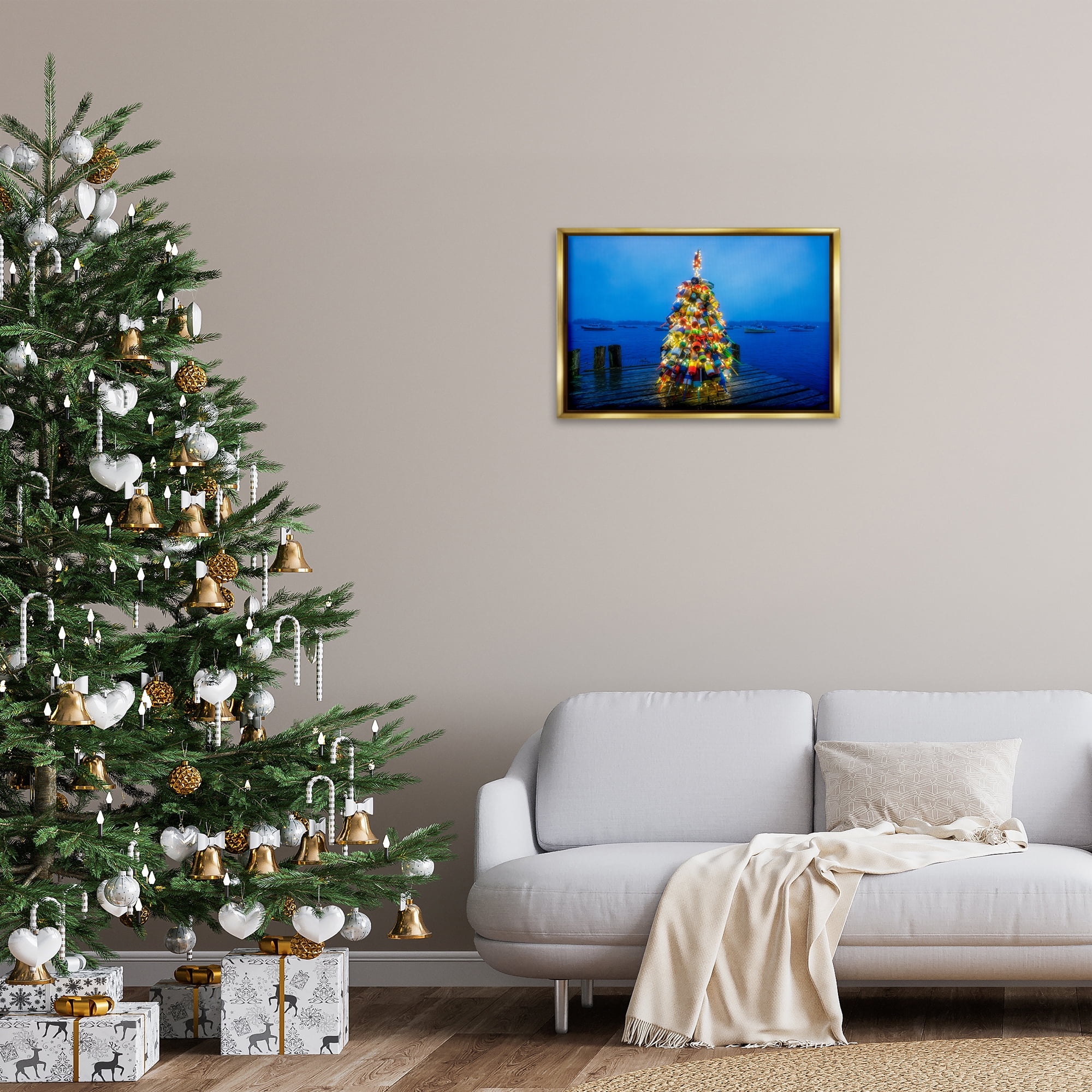 Stupell Industries Lit Bouys Christmas Tree Holiday Painting Gold Floater Framed Canvas Art Prints Wall Art, 25 x 17