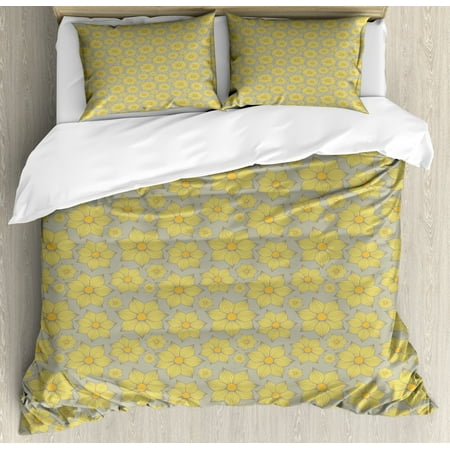 Floral King Size Duvet Cover Set Hand Drawn Doodle Yellow Floral