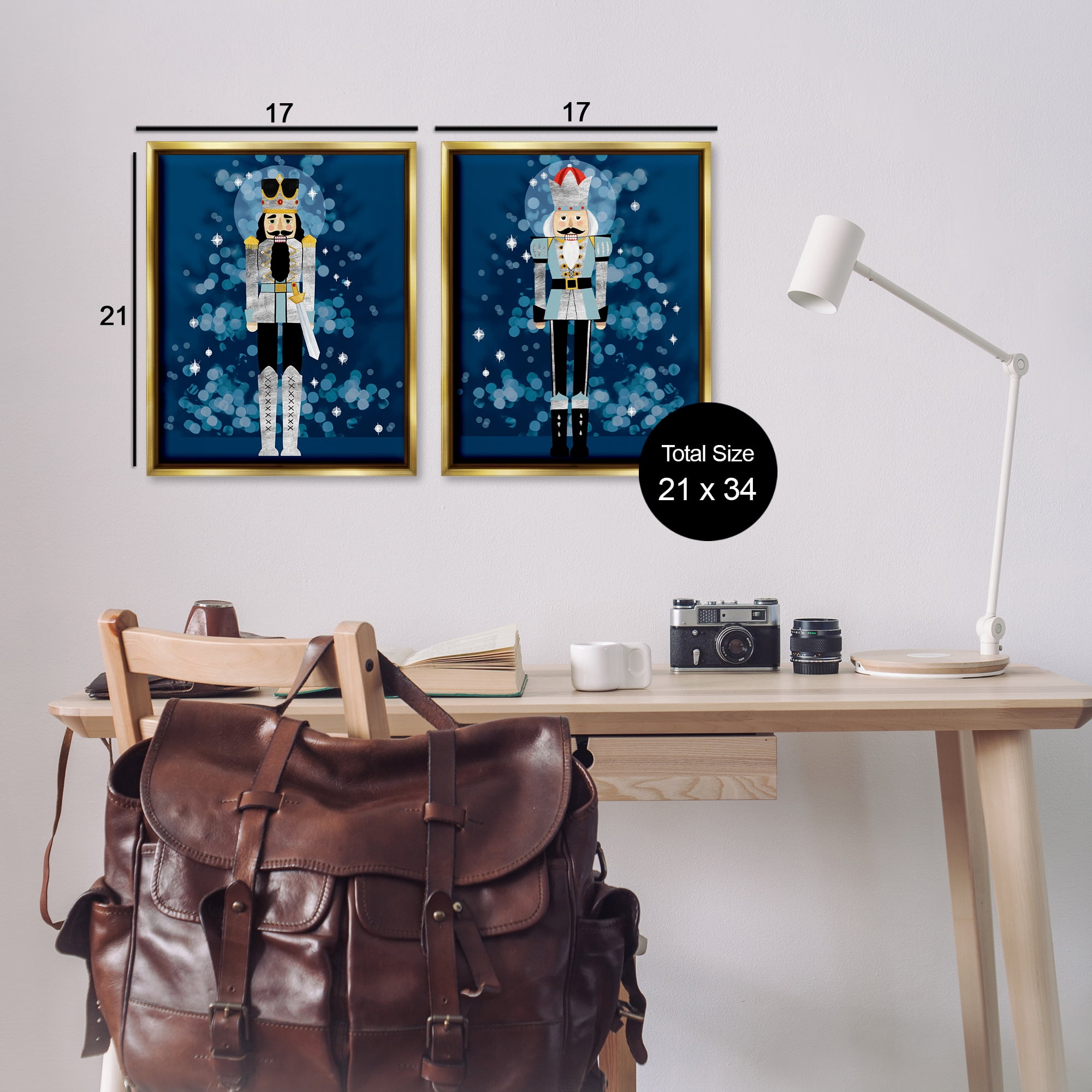 Stupell Industries Blue Nutcracker Figures Holiday Painting Gold Floater Framed Canvas Art Print Wall Art, 17 x 21, Set of 2