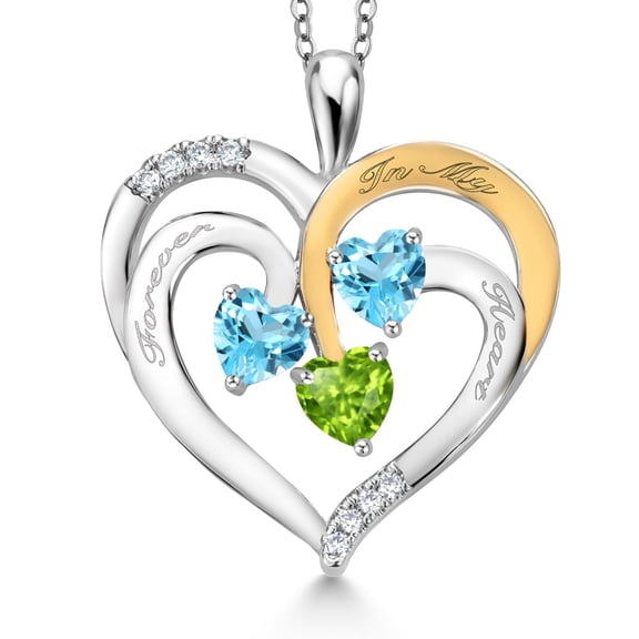 Gem Stone King Two Tone Swiss Blue Topaz and Green Peridot Created Moissanite `Forever in My Heart` Engraved Pendant Necklace for Women (1.60 cttw, Heart Shape 5MM, 18 inch Chain)