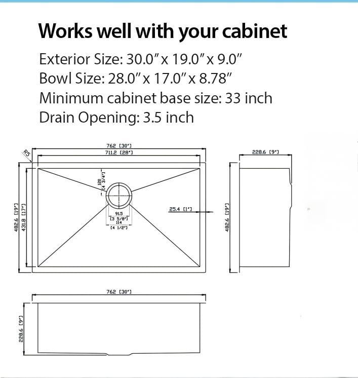 Boyuevi Undermount Kitchen Sink - 30"x19"x9" Stainless Steel 16 Gauge Deep Single Bowl Sinks