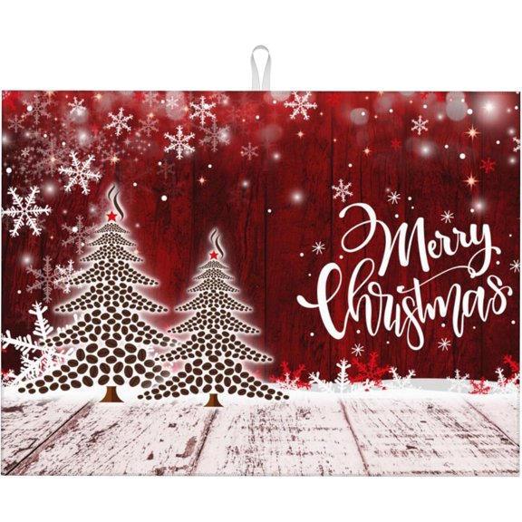 Large Dish Drying Mat for Kitchen Counter,Christmas Tree Winter Snowflakes Dish Drying Mat,Merry Christmas Dish Drainer Mat Drying Pad Super Absorbent Reversible Microfiber for Countertop 18"X24"