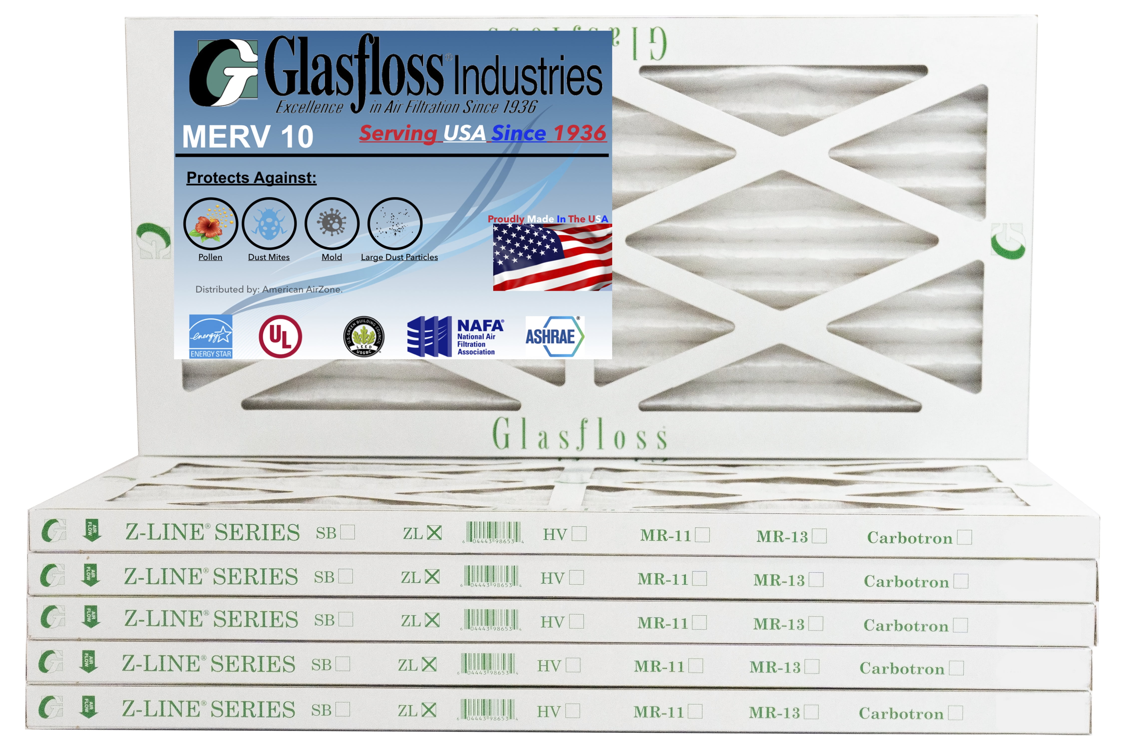 For Home or Office Pack of 12 Furnace Air Filter Made In The USA Glasfloss 16x21x1-1 Inch MERV 10 - Actual Size: 15.5 x 20.5x7/8 Inch - AC or HVAC Pleated Air Filter