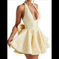 thumbnail image 3 of Vestido de Cóctel de Noche para Mujer, Sin Mangas, con Escote Halter, Lazo y Escote en V Profundo Amarillo L, 3 of 7