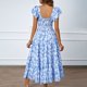 thumbnail image 4 of Vestido de Manga Corta para las Mujeres, un Hombro Puff Manga Cintura Alta Empalme Impresión Vestido Casual Hecho de Seda para Primavera Verano, Vestido de Verano para las Mujeres, 4 of 8