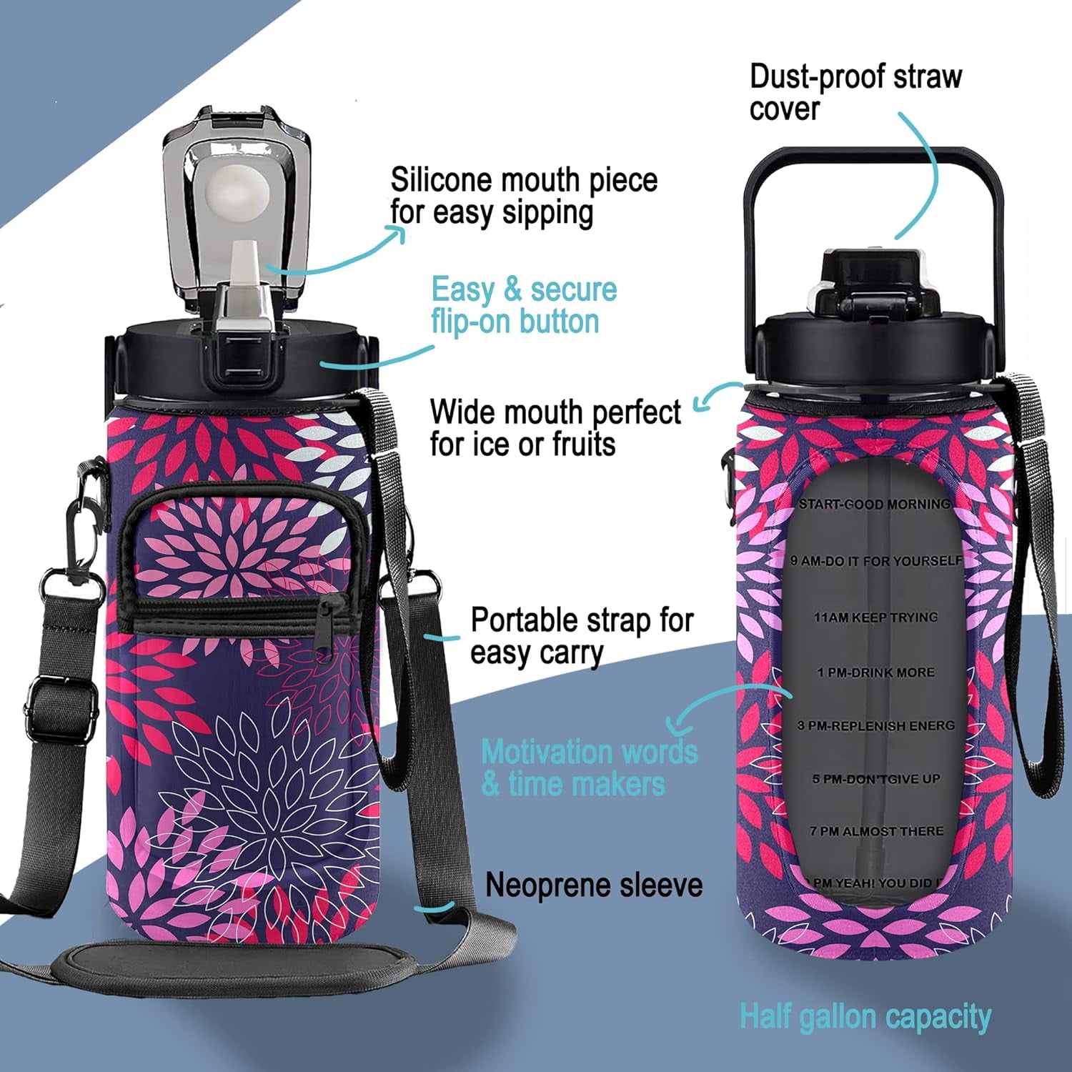 Half Gallon Water Bottle with Sleeve 1/2 Gallon Water Bottle 64 Oz Water Bottle with Time Marker, Motivational Water Bottle Half Gallon Water Bottle with Straw for Women Gym Yoga Pregnance