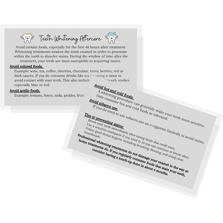 Professional Teeth Whitening Aftercare Instructions Cards Package of 50 Double Sided Size 2x3.5" inch Business Card Cosmetic Dentistry Gray With Teeth Design