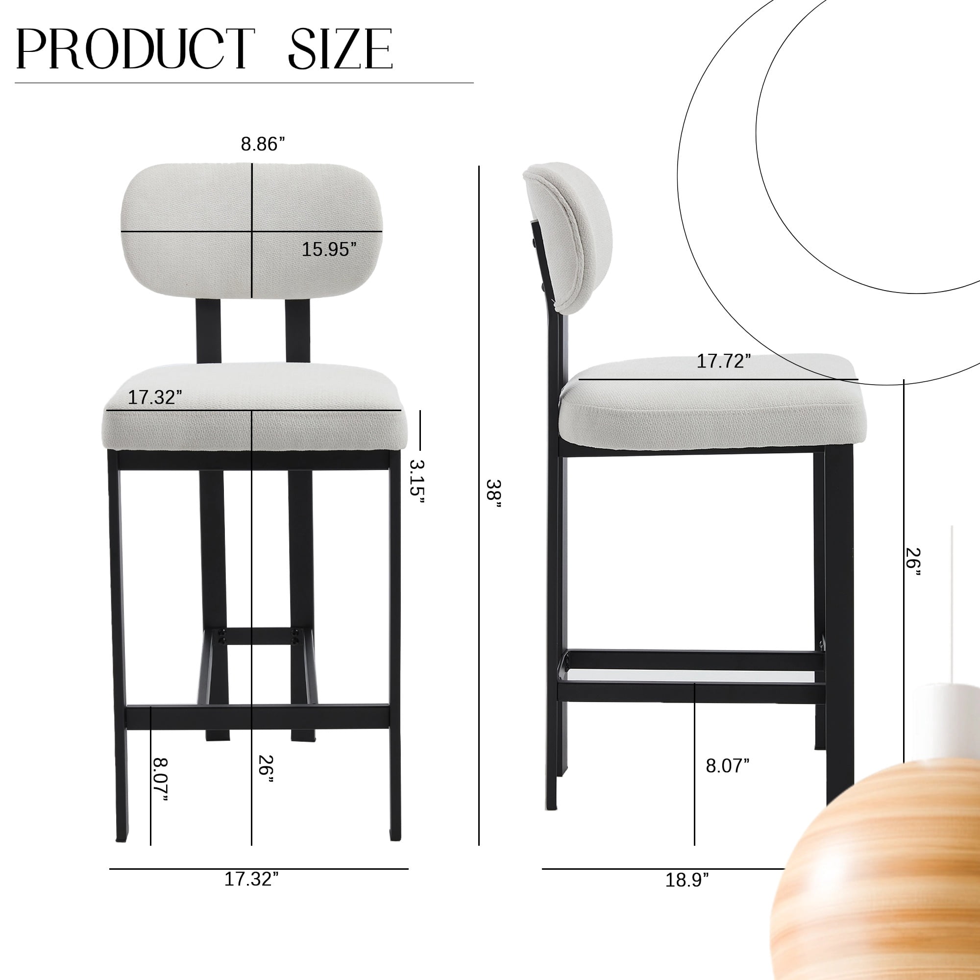 Upholstered Counter Height Bar Stools Set of 2 26 Inch with Plush Cream Fabric Cushion and Black Metal Legs for Kitchen Island