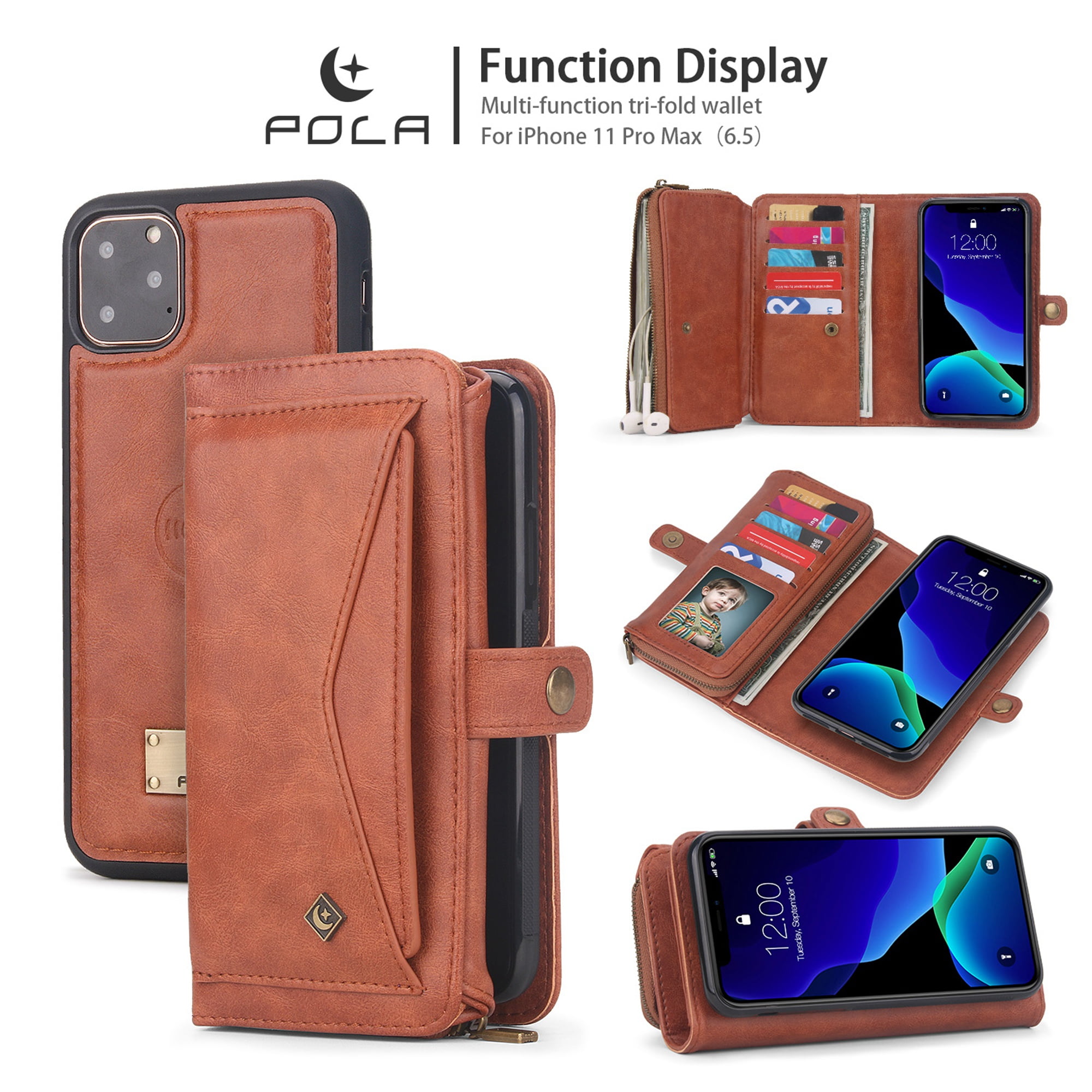iPhone 11Pro Max 6.5 inch Wallet Case, Dteck 2 in 1 Leather Zipper Purse Multi-Function Tri-fold ...