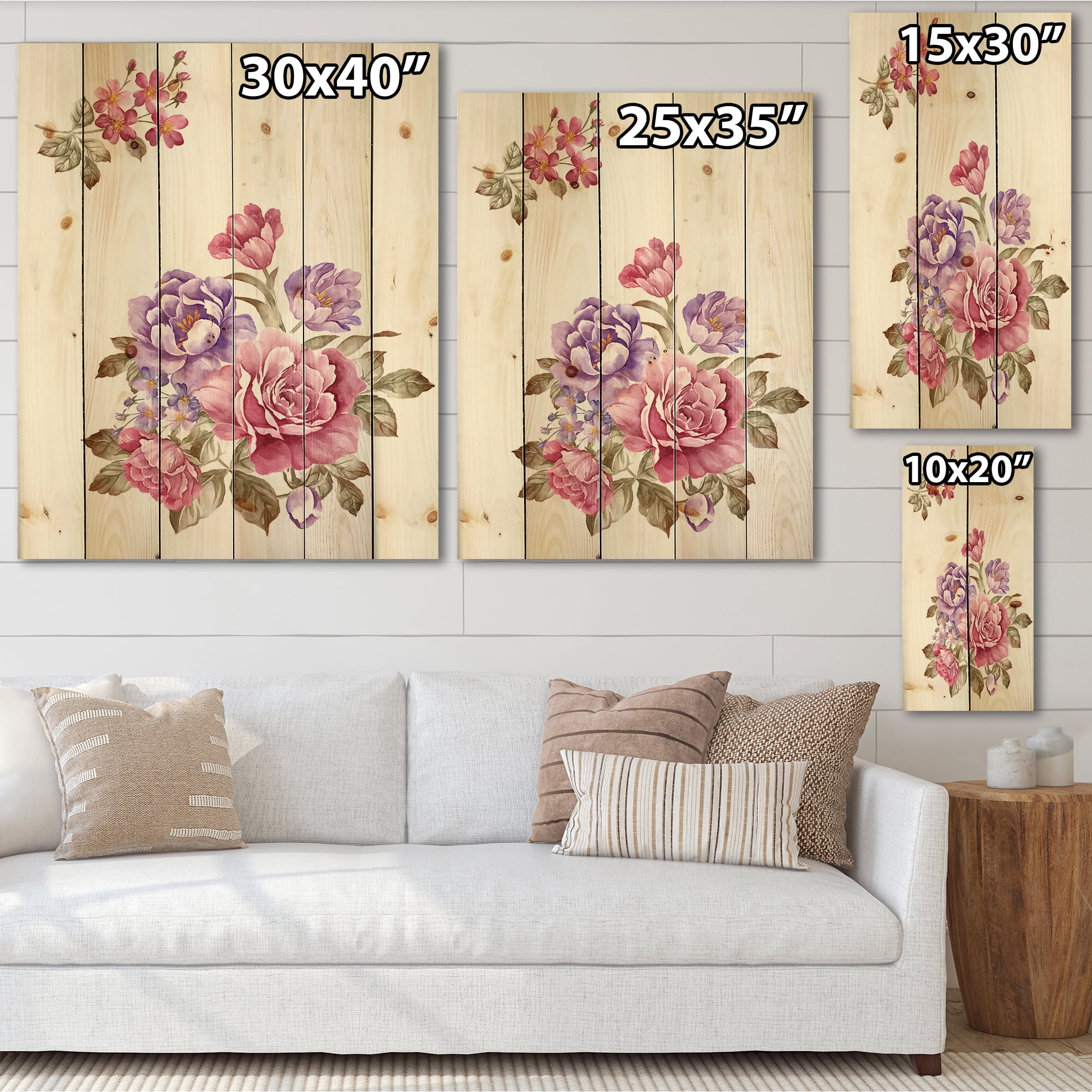 Designart 'Bouquet of Purple and Pink Flowers I' Farmhouse Print on Natural Pine Wood