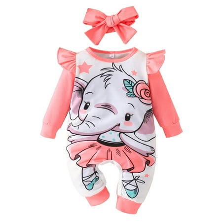 

Onesies Baby Clothes Boy Sleep and Play Crawlsuit+Hairband Printed Bodysuit Cartoon Suit Pink 80