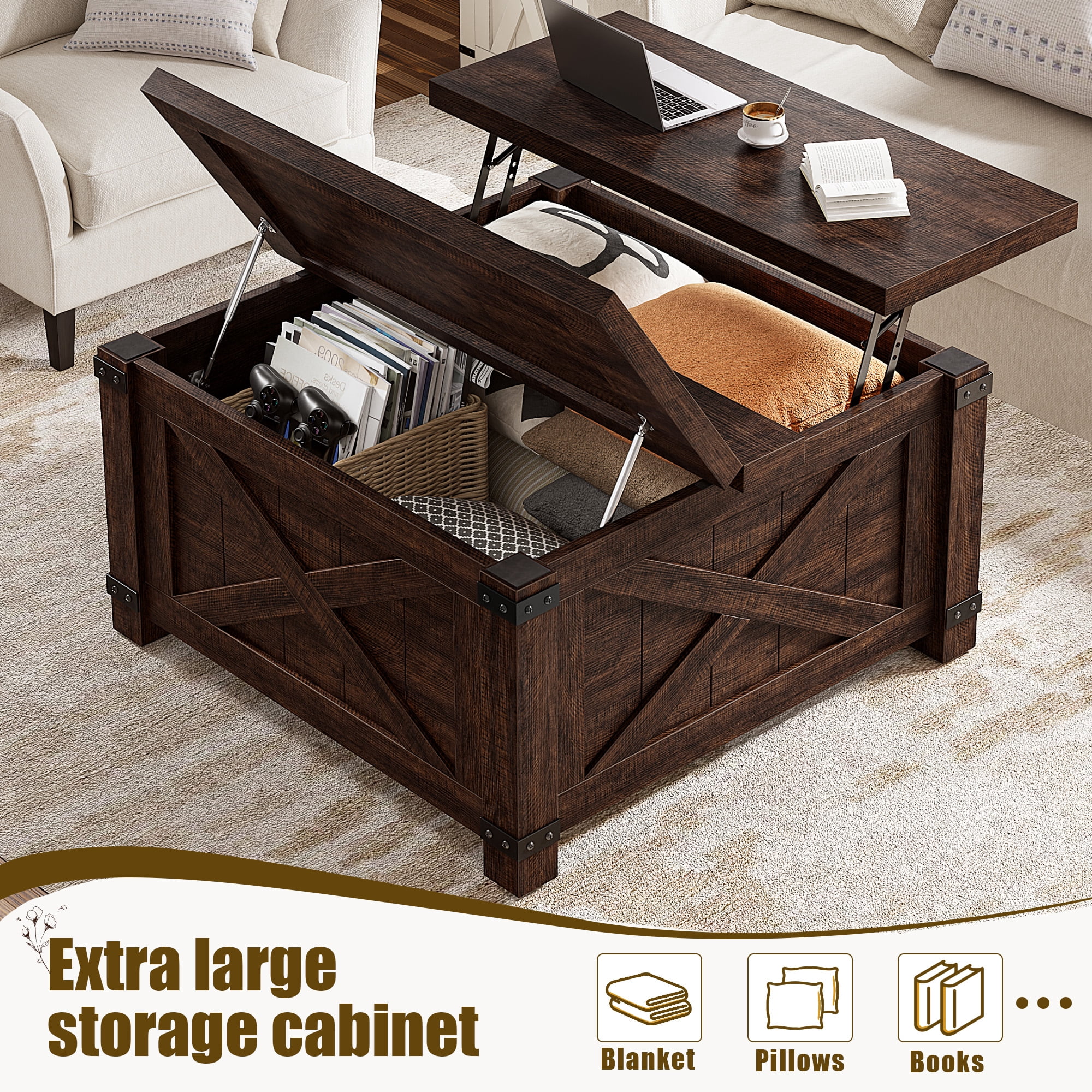 Romorgniz 35.7" W Square Lift Top Coffee Table Farmhouse Coffee Table with Large Hidden Storage Wooden Center Table for Living Room, Brown