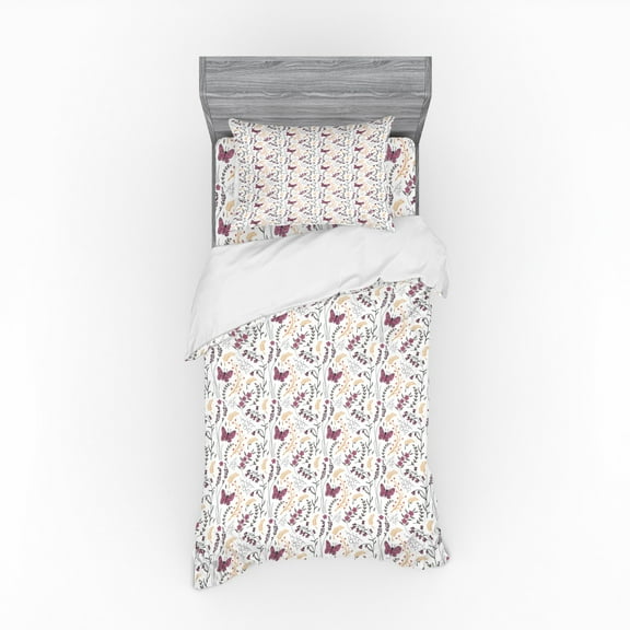Ambesonne Spring Bedding Set 3 Pcs, Flowers Butterflies Doodle, Twin XL, Multicolor