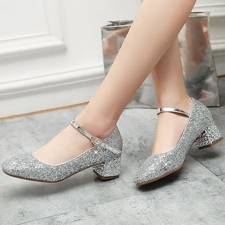 

8QIDA Girls Sandals Size 13 Children Girl Casual Shiny 4.5cm High Heel Shoes Closed Toe Hook and Loop Buckle Party Wedding Shoes 30