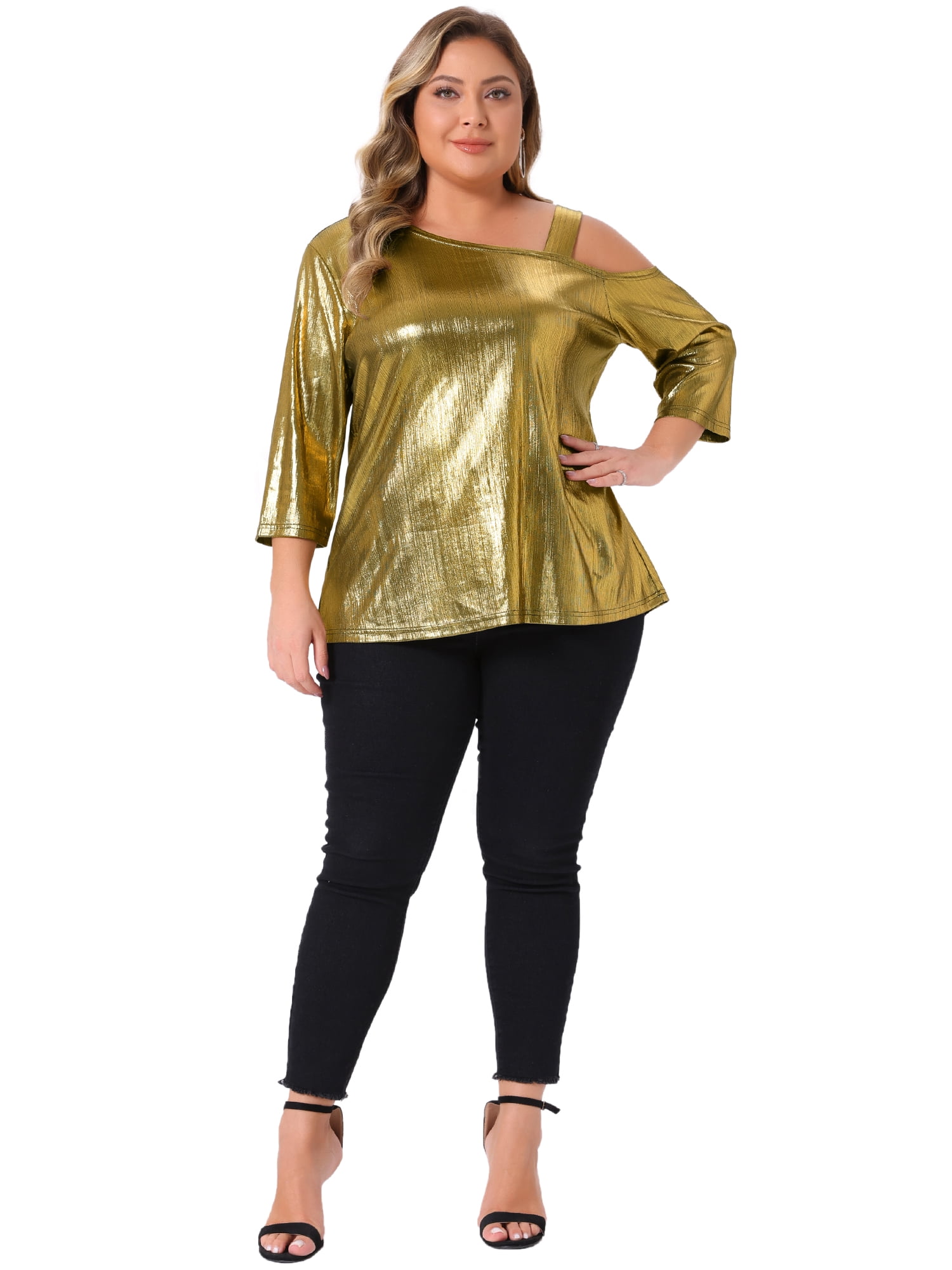 DARING DIVA  Women's Plus Metallic One Shoulder 3/4 Sleeve Shiny Blouse 3X Gold