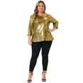 thumbnail image 3 of DARING DIVA  Women's Plus Metallic One Shoulder 3/4 Sleeve Shiny Blouse 1X Gold, 3 of 7