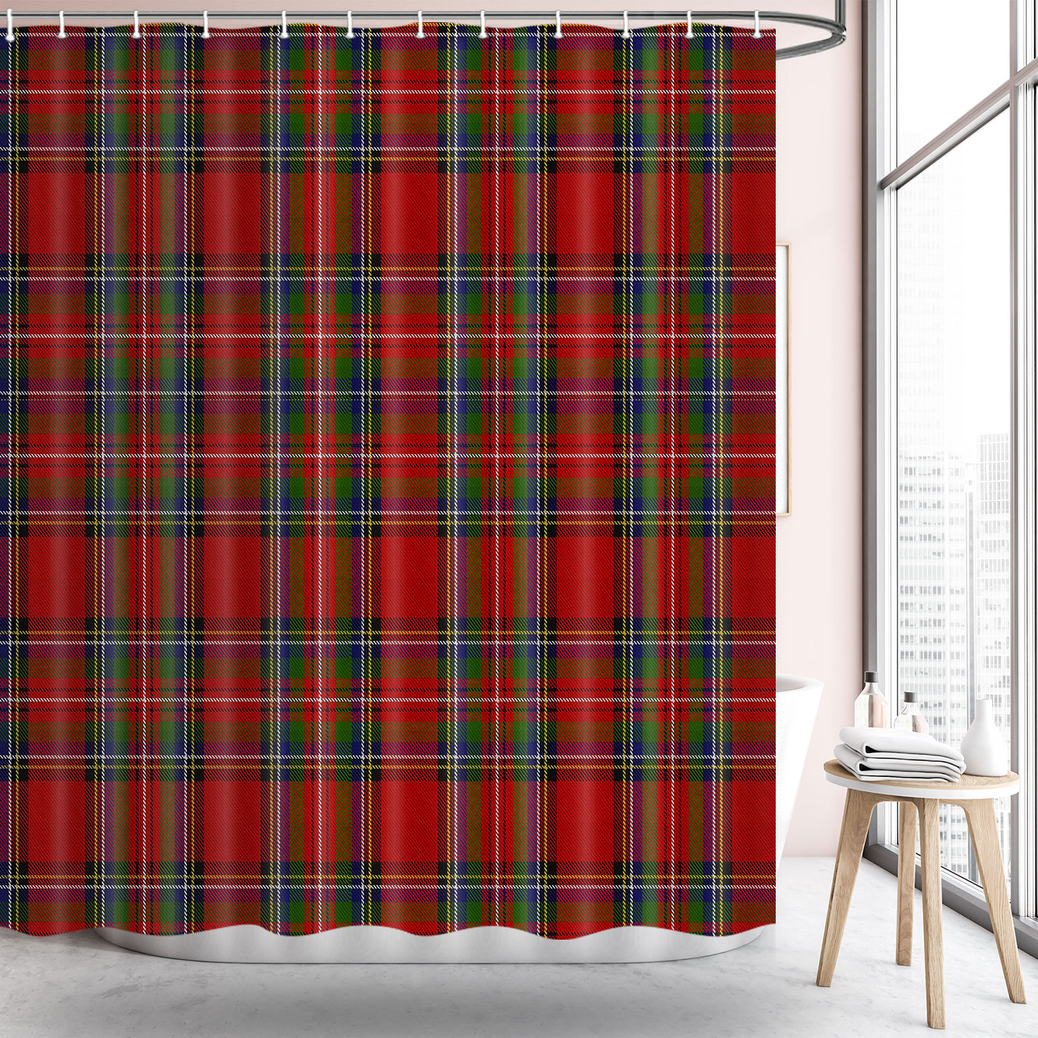 Christmas Red and Green Buffalo Plaid Shower Curtain, Merry Christmas Cloth Fabric Bathroom Decor Set with Hooks, 69" W x 70" L