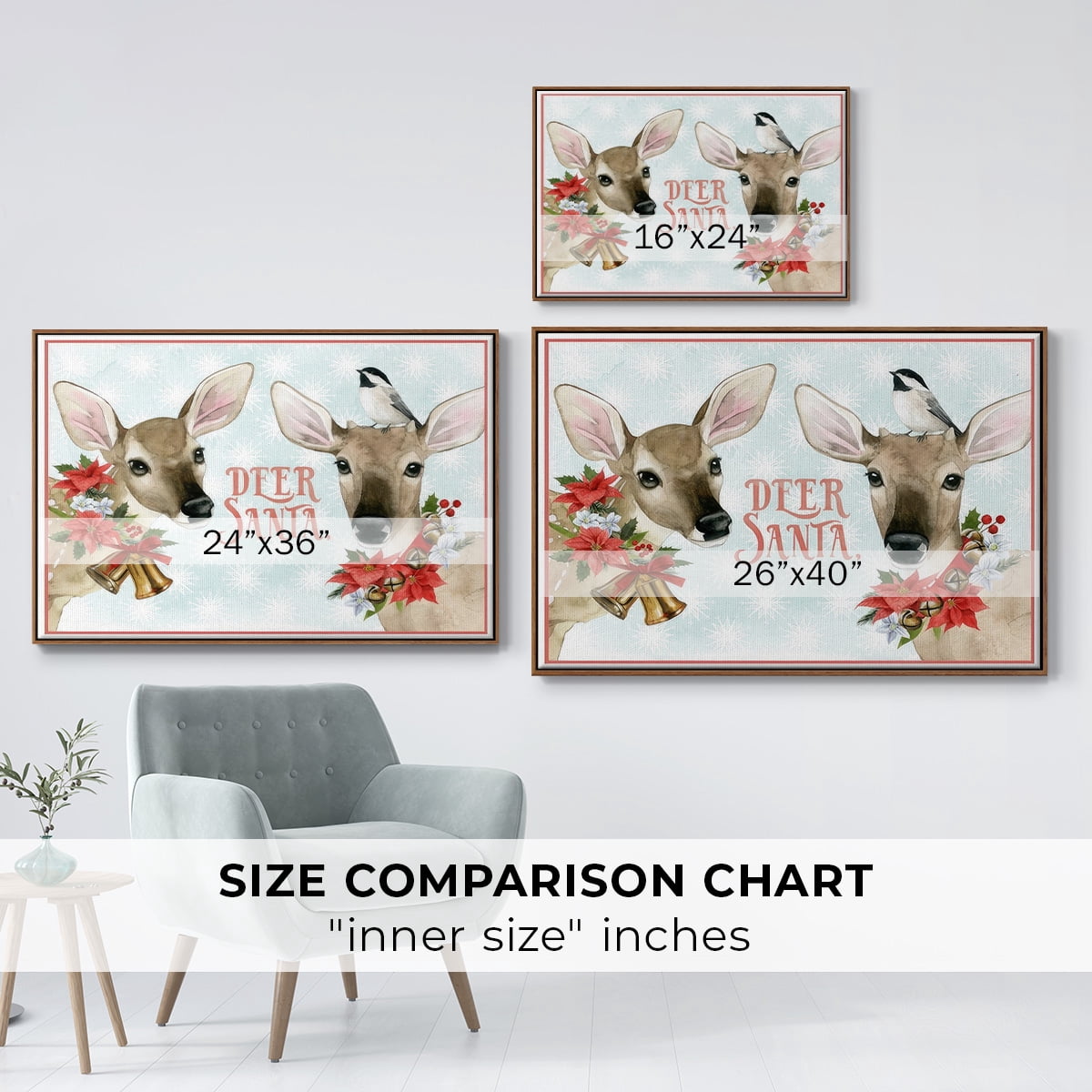 Deer Christmas Collection A - Framed Gallery Wrapped Holiday Canvas - 25 x 37 - Rosewood Frame
