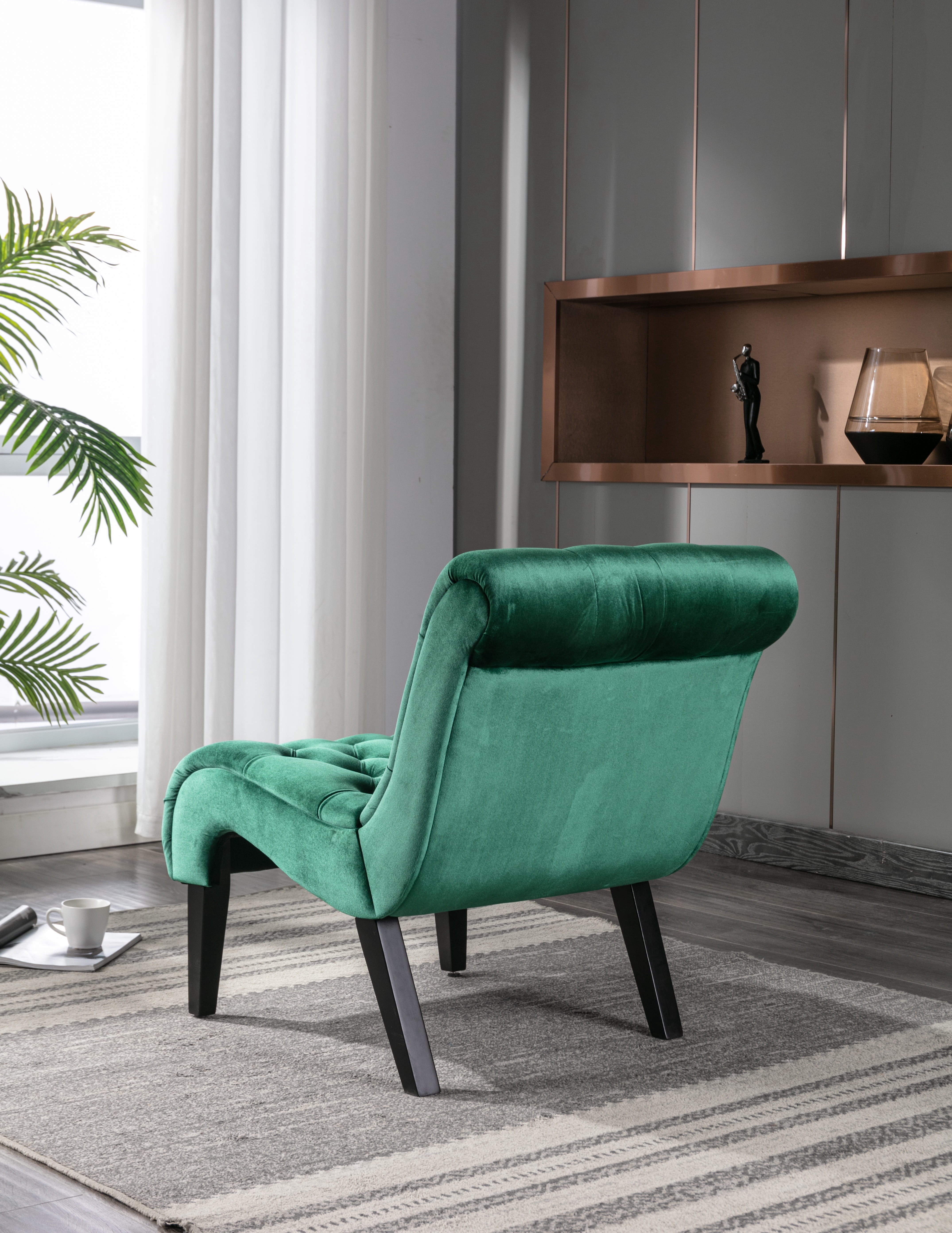 MAYEERTY Modern Velvet Armless Accent Living Room Chair / Leisure Chair,Upholstered Fabric Button Comfortable Chair with Wooden Legs for Bedroom, Living Room, Office，Green Velvet)